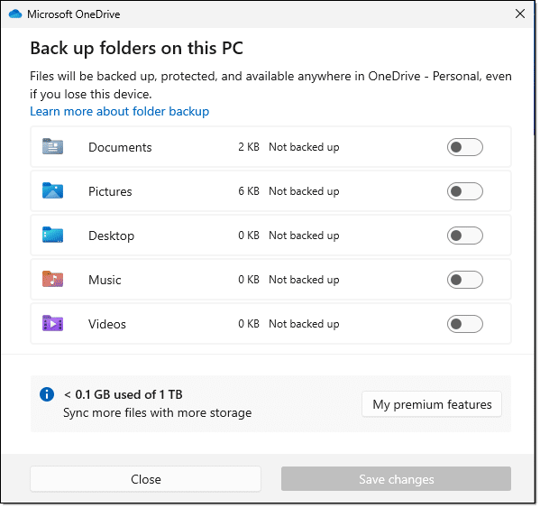 The OneDrive backup "feature" settings.