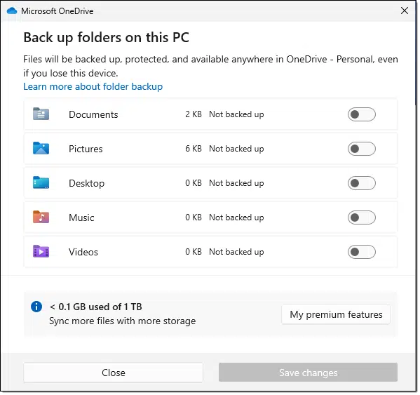 The OneDrive backup "feature" settings.
