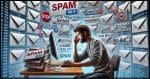 An image showing the annoyance of spam emails. Depict an overflowing email inbox with spam messages, a frustrated person looking at their computer, and various sources of spam like social media, phishing attempts, and data breaches illustrated around the scene.