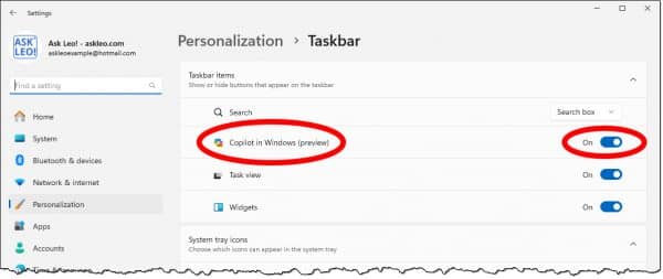 CoPilot setting in Taskbar settings.