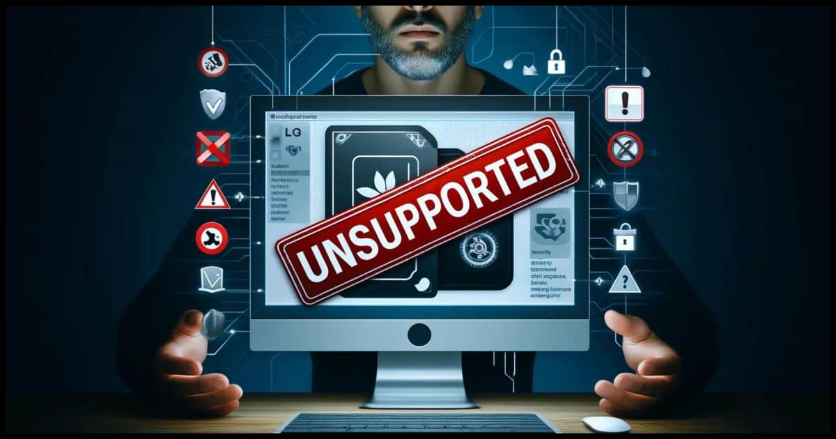 A computer screen with a red 'unsupported' stamp over outdated software icons. The background features a person looking concerned, surrounded by warning symbols, and security icons like shields and locks.