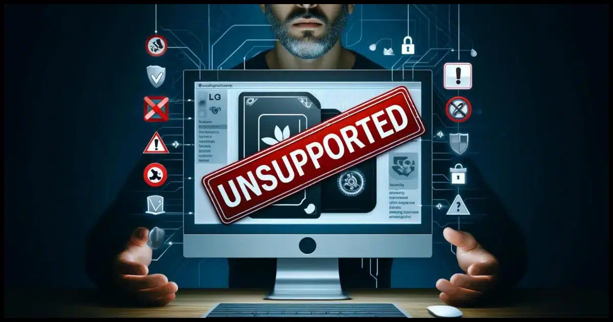 A computer screen with a red 'unsupported' stamp over outdated software icons. The background features a person looking concerned, surrounded by warning symbols, and security icons like shields and locks.