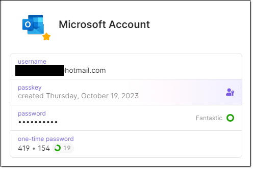 1Password with the 2FA code for my Microsoft account.