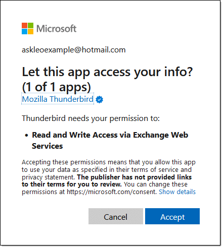 Telling Microsoft Thunderbird has permission.