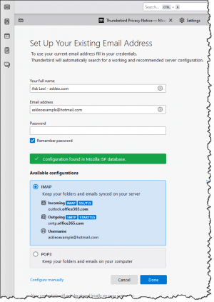 Completing account configuration in Thunderbird.