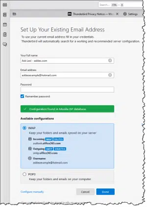 Completing account configuration in Thunderbird.