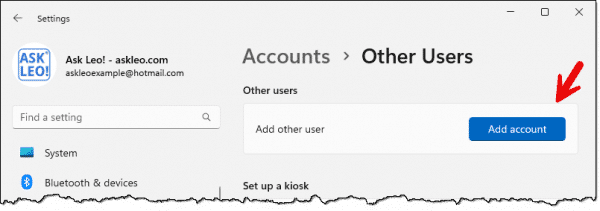 Settings -> Accounts -> Other users -> Add account