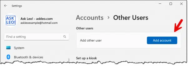 Settings -> Accounts -> Other users -> Add account