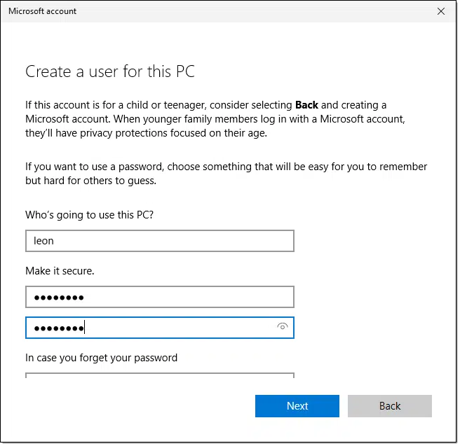 Creating a Local User Account.