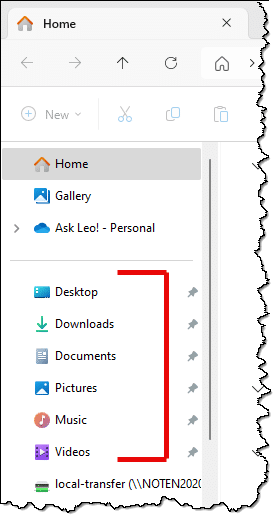 Windows Default Folders in Windows File Explorer Quick Access.