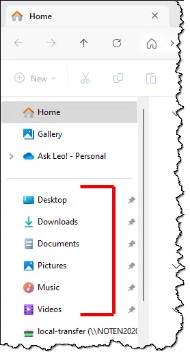 Windows Default Folders in Windows File Explorer Quick Access.