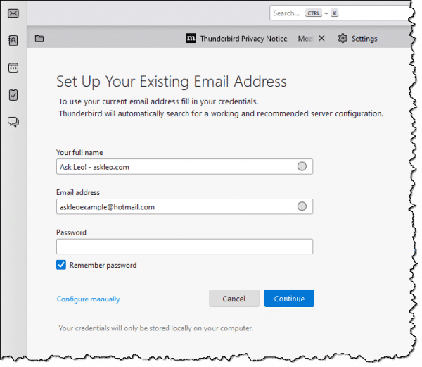 Setting up a Hotmail account in Thunderbird.