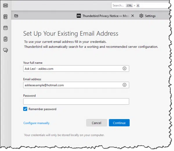 Setting up a Hotmail account in Thunderbird.