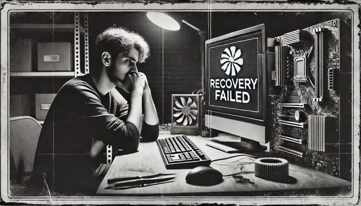 A black-and-white image of a dejected computer technician at his desk in front of a computer that has 'Recovery Failed' on the screen. The scene has a somber tone, with the technician looking disappointed and various computer tools and hardware scattered around.