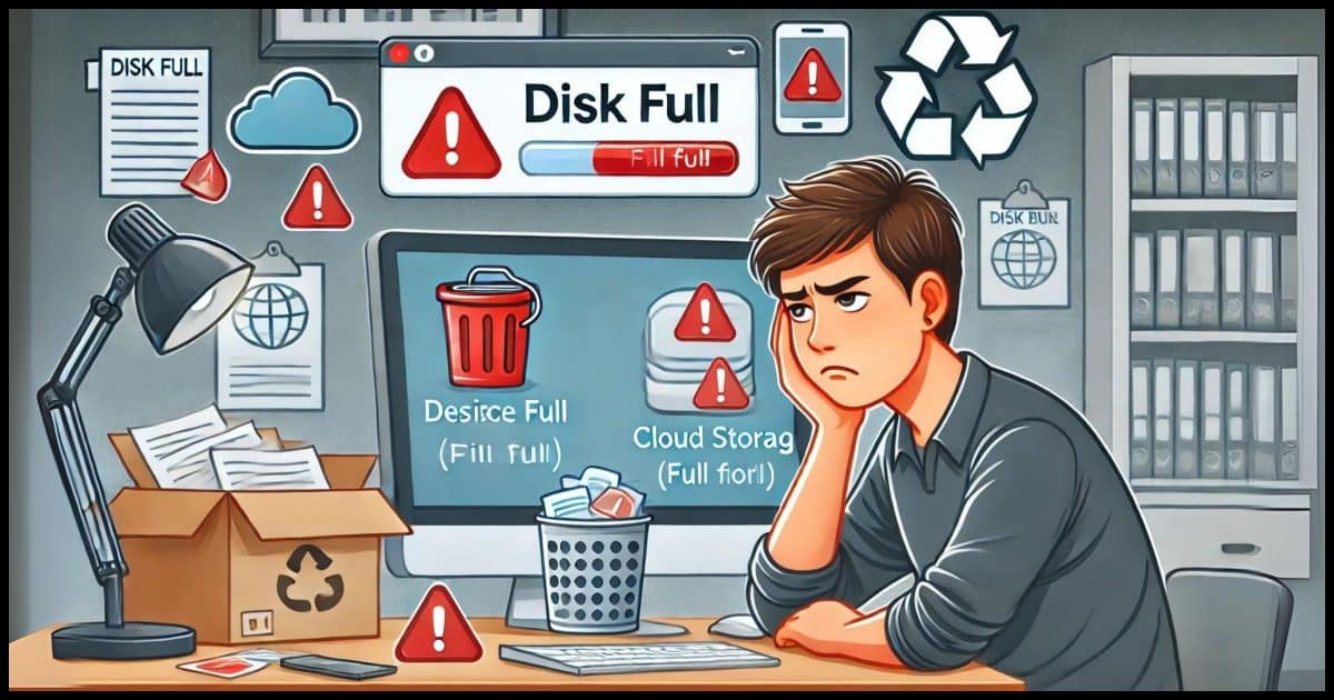 A frustrated person looking at a computer screen showing a 'disk full' warning. In the background, there are icons of a Recycle Bin, cloud storage, and an email app, each with a small red warning symbol indicating full storage. The environment is a typical home office with a desk, computer, and related items.