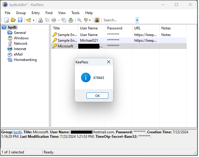 KeyPass showing OTP for my Microsoft Account.