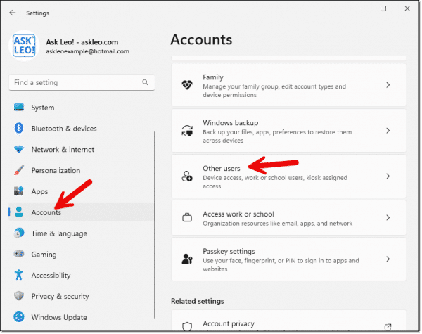 Settings -> Accounts -> Other users