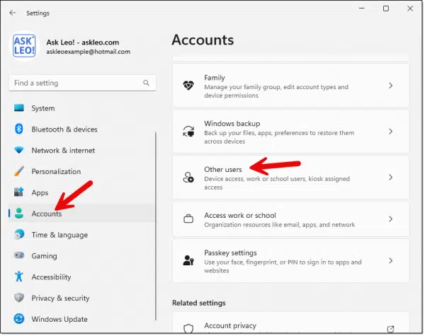 Settings -> Accounts -> Other users