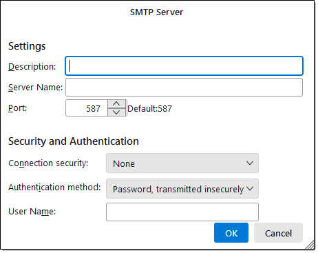 Outgoing./SMTP setup in Thunderbird.