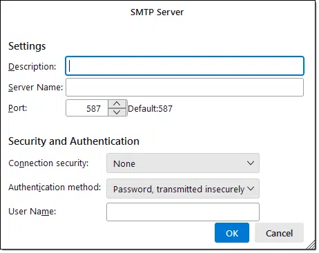 Outgoing./SMTP setup in Thunderbird.