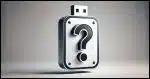 An image of an external USB hard disk with a large question mark on it.