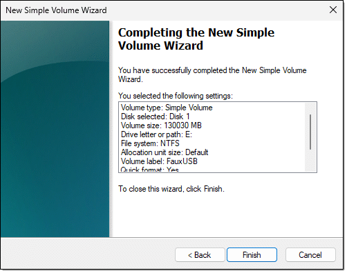 Volume Creation Wizard summary.