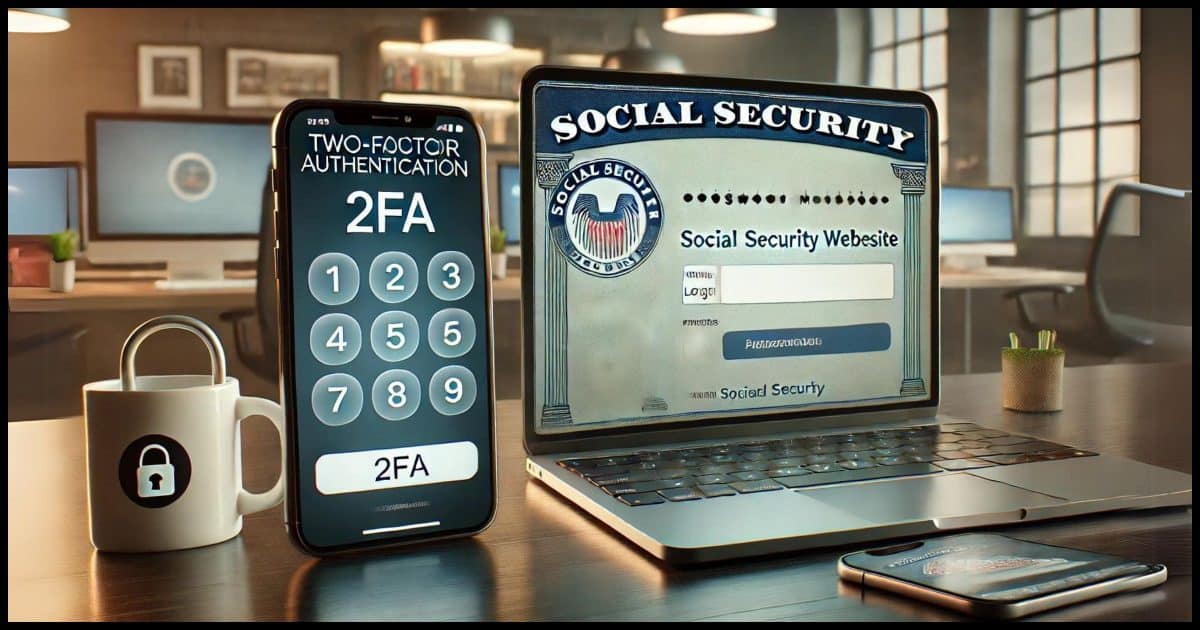 A photorealistic image showcasing two-factor authentication. The scene includes a smartphone displaying a 2FA app a laptop with a password manager open, and a social security website login page on a desktop screen. The background is a modern, well-lit office setup. The devices are positioned to emphasize cross-platform usability, with a focus on security.