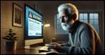 An elderly man, looking concerned and focused, sitting at a computer. The screen shows a warning message or a phishing attempt. The setting is a home office, with the elderly man staring intently at the computer screen.