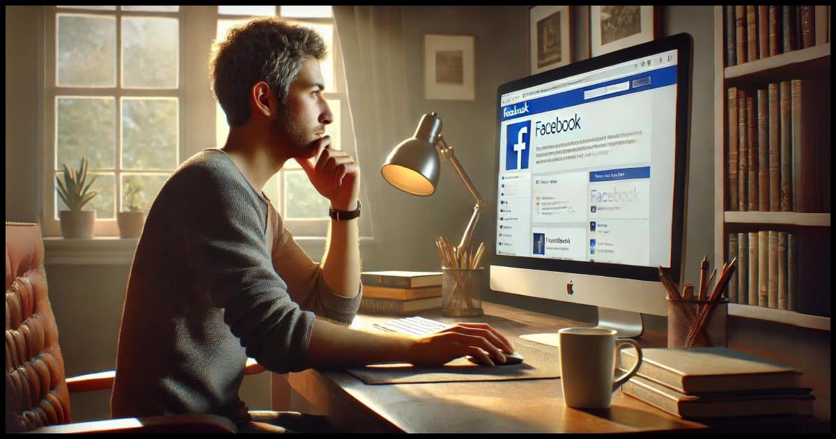 A photorealistic image of a person sitting at a desk, looking thoughtfully at a computer screen displaying the Facebook homepage. The person has a cup of coffee nearby. The setting is a cozy home office with warm lighting, a few books and stationery on the desk, and a window with daylight coming through. The person appears to be in deep thought, suggesting careful consideration.