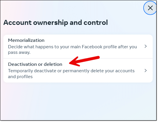 Facebook account delete link.