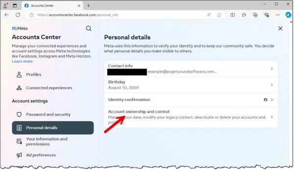 Account ownership and control link. Click for larger image. (Screenshot: askleo.com)