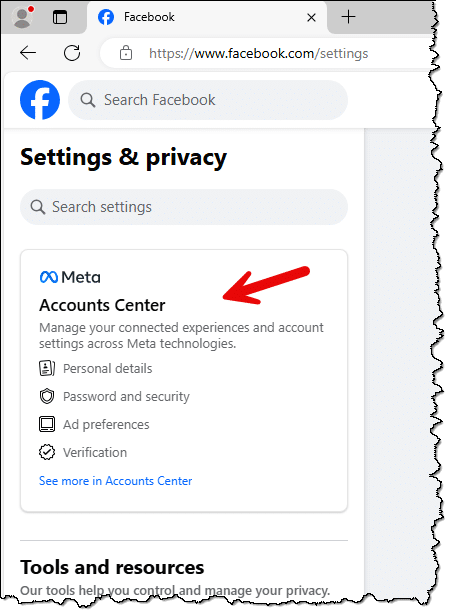 Facebook account center link.