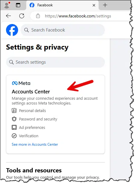 Facebook account center link.