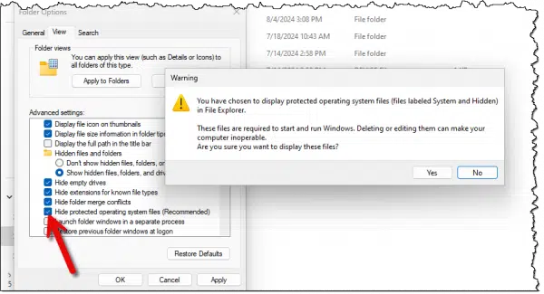 Hide protected operating system files (Recommended)