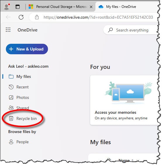 Recycle Bin at OneDrive.com.