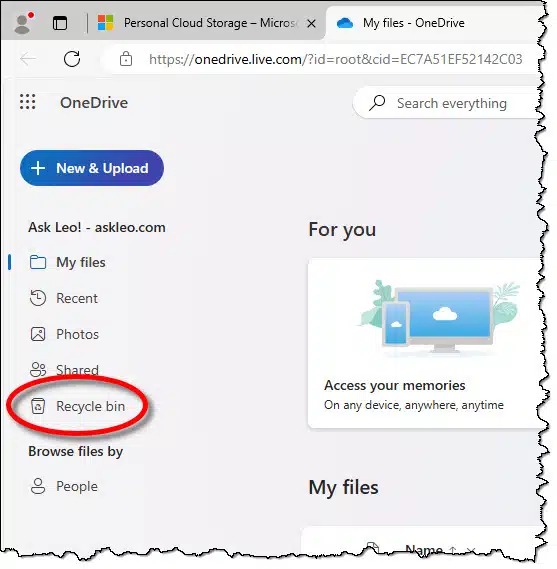 Recycle Bin at OneDrive.com.