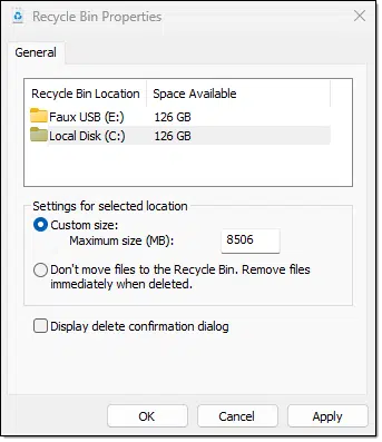 Recycle Bin properties.