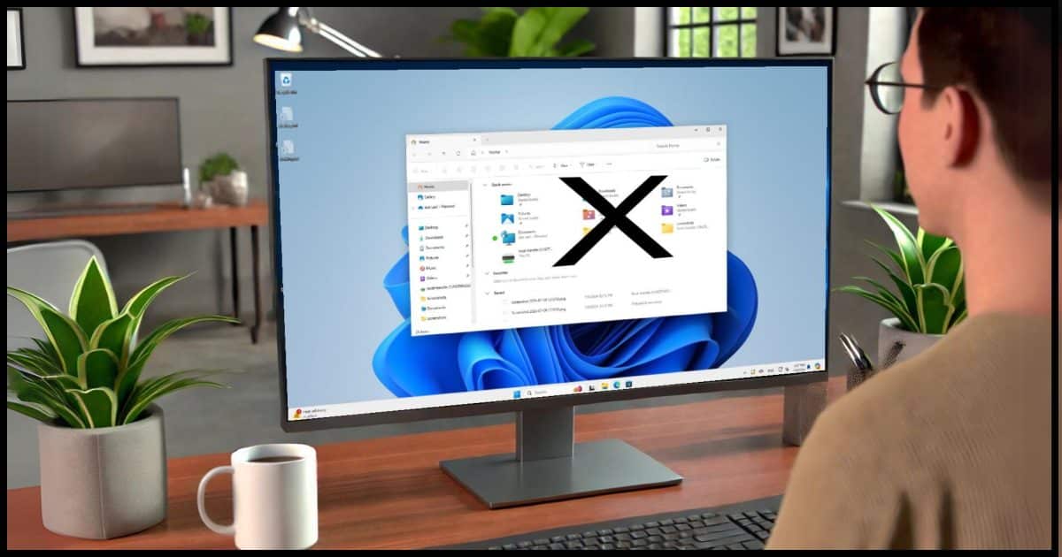 A photorealistic image showing a computer screen with Windows File Explorer open. The default folders like Desktop, Documents, Downloads, Pictures, Music, and Videos are visible, but crossed out with an 'X'. The scene includes a relaxed office setting with a cup of coffee and a plant on the desk, and a person sitting at the desk, contentedly working on the computer.