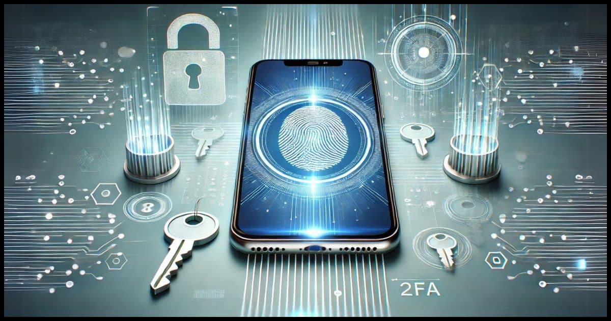 The image shows a smartphone with a biometric fingerprint scanner in the center, representing device unlocking. In the background, there are abstract digital locks, key symbols, and security shields surrounding the phone to symbolize online security and protection. 