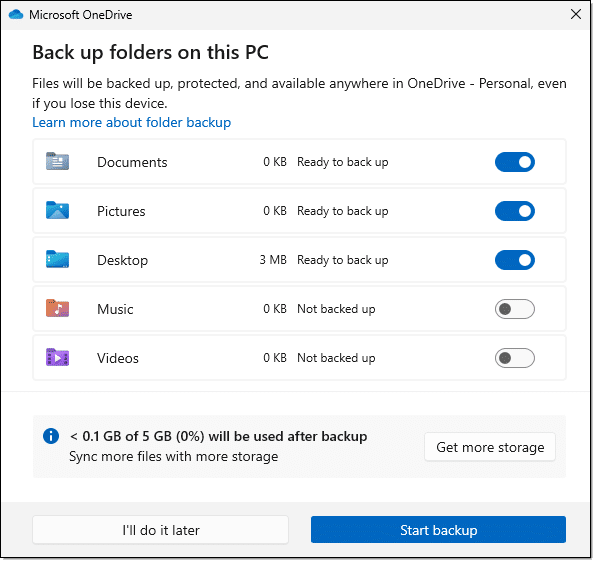 OneDrive 's backup options.