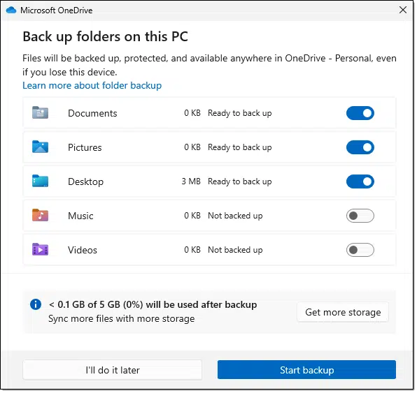 OneDrive 's backup options.