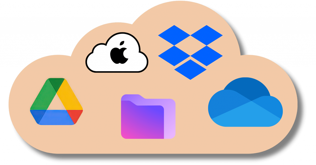 Cloud storage service icons, in a cloud.