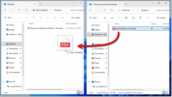 Moving a file from the OneDrive desktop folder to the regular Desktop folder.