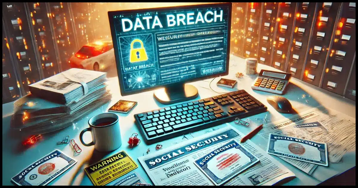An image representing the aftermath of a major data breach. The image should depict a desktop with a computer screen displaying a warning message about a security breach. Surrounding the computer, there are items like a credit card, bank statements, and a Social Security card, symbolizing personal data. The scene is tense and chaotic, with a newspaper headline about the breach visible in the background. The overall mood should be one of caution and urgency, emphasizing the need to protect personal information.