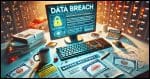 An image representing the aftermath of a major data breach. The image should depict a desktop with a computer screen displaying a warning message about a security breach. Surrounding the computer, there are items like a credit card, bank statements, and a Social Security card, symbolizing personal data. The scene is tense and chaotic, with a newspaper headline about the breach visible in the background. The overall mood should be one of caution and urgency, emphasizing the need to protect personal information.