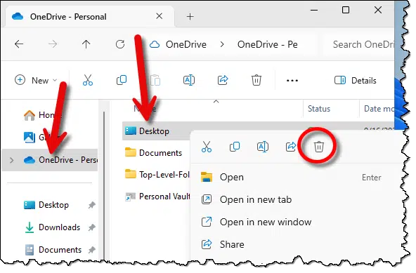 Deleting the OneDrive Desktop folder.