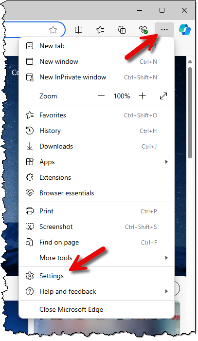 Edge Settings menu item.