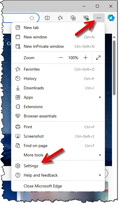 Edge Settings menu item.