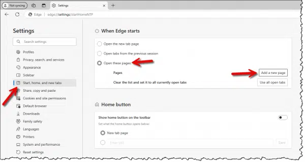 "When Edge starts" settings.