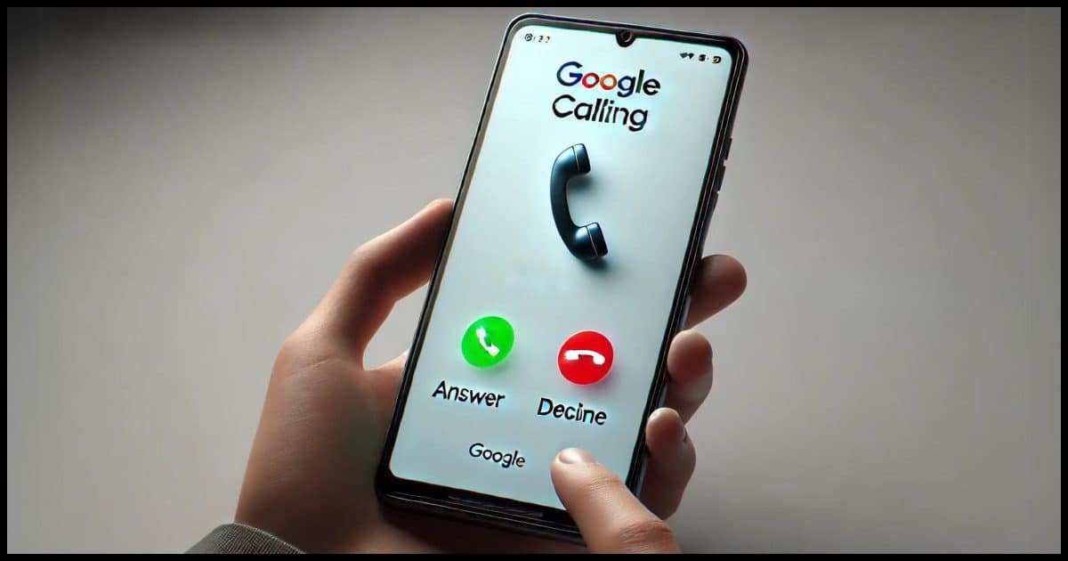 A mobile phone displaying the message 'Google calling' on the screen. The screen shows an incoming call with a green answer button and a red decline button at the bottom. 